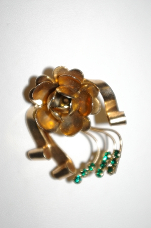 +MBA #25-790  Vintage Gold Plated  Green Rhinestone Flower Pin