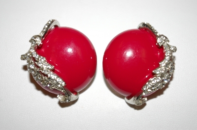 +MBA #25-719  Vintage Red Acrylic & Clear Rhinestone Cilp On Earrings