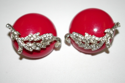 +MBA #25-719  Vintage Red Acrylic & Clear Rhinestone Cilp On Earrings