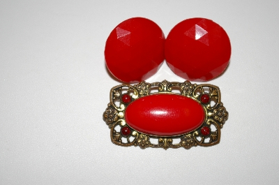 +MBA #25-691  Vintage Red Acrylic Pin & Screw Back Earrings