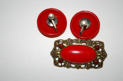 +MBA #25-691  Vintage Red Acrylic Pin & Screw Back Earrings