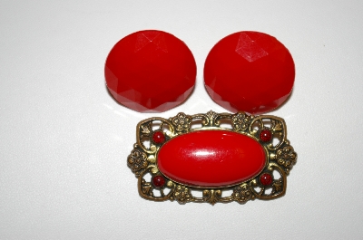 +MBA #25-691  Vintage Red Acrylic Pin & Screw Back Earrings