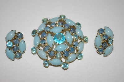 +MBA #25-820  Vintage Blue Glass Pin & Matching  Clip On Earrings
