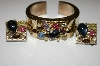+MBA #25-813  Vintage Gold Plated Rhinestone Cuff & Matching Earrings
