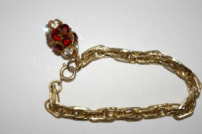 +MBA #25-738  Vintage Gold Tone Red & Clear Rhinestone Bracelet