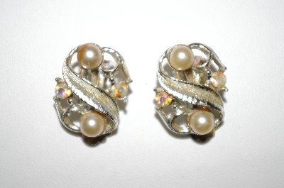 +MBA #25-657  Vintage SilverTone Faux Pearl & AB Rhinestone Clip On's
