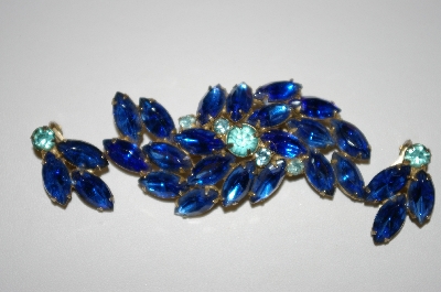 +MBA #25-589  "Vintage Blue Rhinestone Pin & Clip On Earring Set