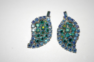 +MBA #25-615  "Vintage Blue AB Crystal Clip On Leaf Earrings
