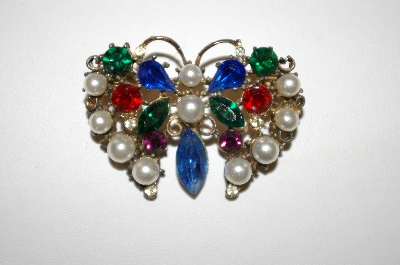 +MBA #25-637  Vintage Glass Pearl & Multi Colored Rhinestone Butterfly Pin