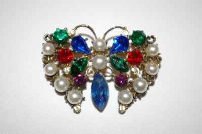 +MBA #25-637  Vintage Glass Pearl & Multi Colored Rhinestone Butterfly Pin