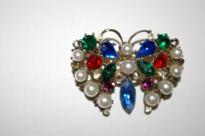 +MBA #25-637  Vintage Glass Pearl & Multi Colored Rhinestone Butterfly Pin
