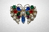 +MBA #25-637  Vintage Glass Pearl & Multi Colored Rhinestone Butterfly Pin