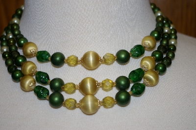 +MBA #25-550  Vintage Made In Japan 3 Row Green Acrylic Bead Necklace & Matching Clip On's