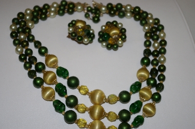 +MBA #25-550  Vintage Made In Japan 3 Row Green Acrylic Bead Necklace & Matching Clip On's
