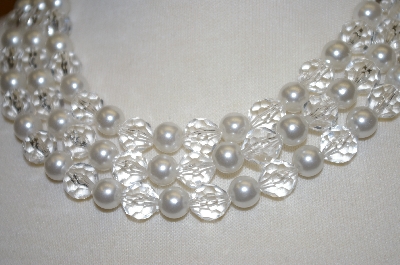 +MBA #25-347  "Vintage 3 Row Clear Acrylic & Faux Pearl Necklace