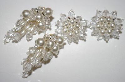 +MBA #25-556  Vintage (2) Pairs Of Clear Glass & Faux Pearl Clip On Earrings