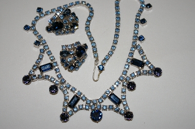 +MBA #25-563  Vintage Two Shades Of Blue Rhinestone 15" Chocker  With Matching Pierced Earrings