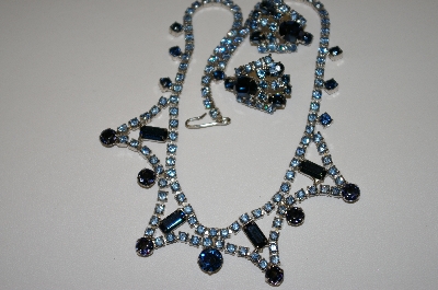 +MBA #25-563  Vintage Two Shades Of Blue Rhinestone 15" Chocker  With Matching Pierced Earrings