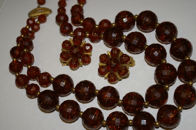 +MBA #25-567  "Vintage Brown Acrylic Glitter Bead Necklace With Matching Clip On Earrings