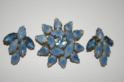 +MBA #25-625  Vintage Blue Glass & Rhinestone Pin & Earring Set