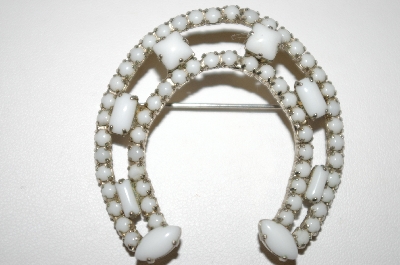 +MBA #25-303  Vintage White Milk Glass Horseshoe Pin