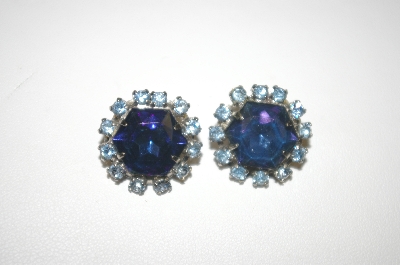 +MBA #24-135  Vintage Round Blue Rhinestone Clip On Earrings