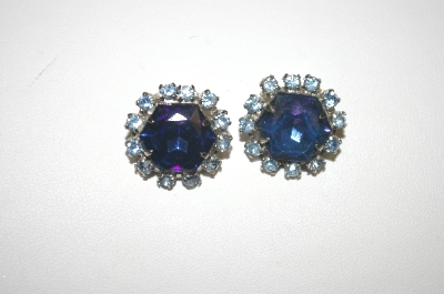+MBA #24-135  Vintage Round Blue Rhinestone Clip On Earrings