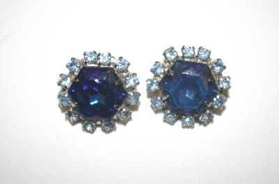 +MBA #24-135  Vintage Round Blue Rhinestone Clip On Earrings