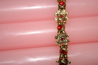 +MBA #25-334  Vintage Gold Tone Red Rhinestone Stretch Bracelet