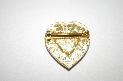 +MBA #25-245   Vintage Gold Tone Faux  Pearl Enameled Heart Pin