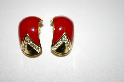 +MBA #25-255   Vintage Gold Tone Red Enamel Clip On Earrings