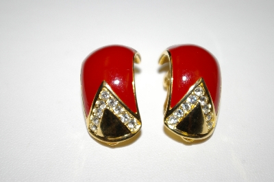 +MBA #25-255   Vintage Gold Tone Red Enamel Clip On Earrings
