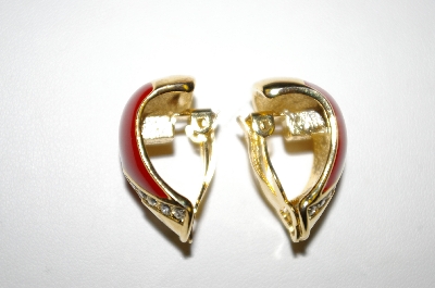 +MBA #25-255   Vintage Gold Tone Red Enamel Clip On Earrings