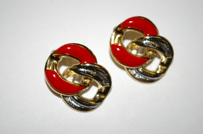 +MBA #25-251  Vintage Gold & Silver Tone Red Enamel Pierced Earrings