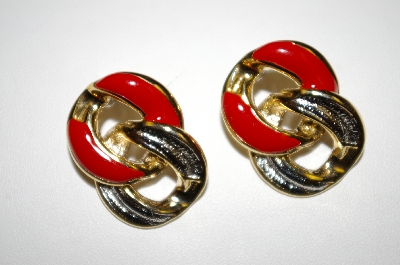 +MBA #25-251  Vintage Gold & Silver Tone Red Enamel Pierced Earrings