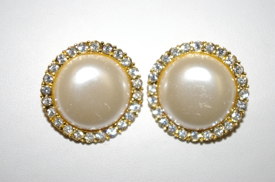 +MBA #25-320   Vintage Faux Pearl & Clear Rhinestone Clip On Earrings