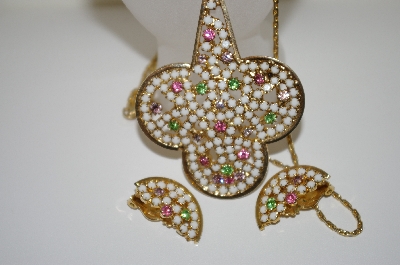 +MBA #6-1426  Vintage Gold Plated Multi Colored Rhinestone Pendant, Chain & Matching Earring Set