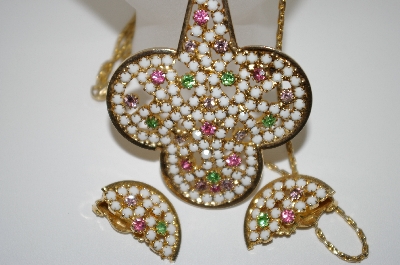 +MBA #6-1426  Vintage Gold Plated Multi Colored Rhinestone Pendant, Chain & Matching Earring Set