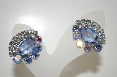 +MBA #6-1044  Vintage Silver Tone Blue AB Crystal & Rhinestone Clip On Earrings