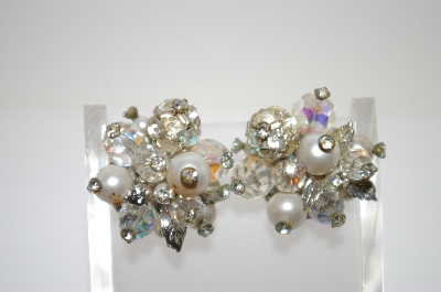 +MBA #6-1308   Verdome Silver Tone Crystal  & Faux Pearl Clip On Earrings