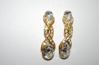 +MBA #6-1182   Monet Gold Tone Clear Rhinestone Clip On Earrings