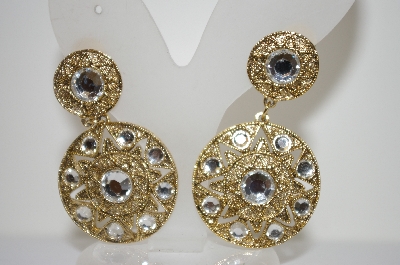 +MBA #6-1140   Vintage Large Goldtone Rhinestone Clip On Earrings
