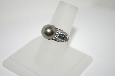 +MBA #6-1445  14K White Gold Peacock Tahitian Pearl & Diamond Ring