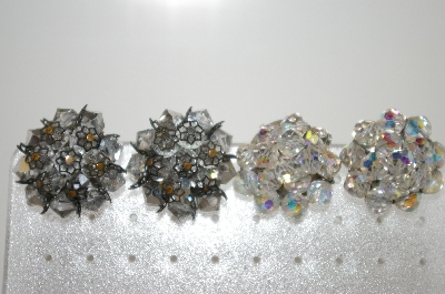 +MBA #6-1034   2 Pairs Vintage Silver Tone Crystal Bead Clip On Earrings