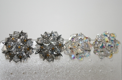 +MBA #6-1034   2 Pairs Vintage Silver Tone Crystal Bead Clip On Earrings