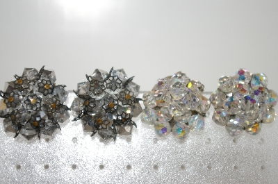 +MBA #6-1034   2 Pairs Vintage Silver Tone Crystal Bead Clip On Earrings