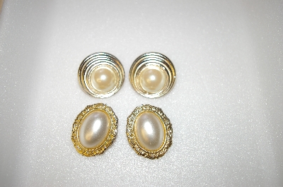 +MBA #6-0932  2 Pairs Vintage Gold Tone Faux Pearl Clip Style Earrings