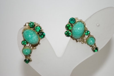 +MBA #6-1239   Vintage Green Stone & Rhinestone Clip On Earrings