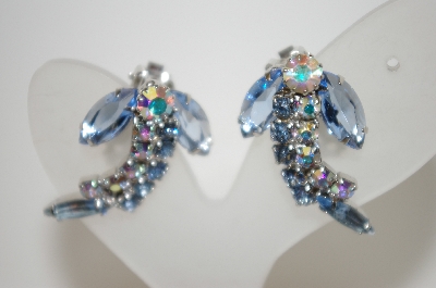 +MBA #6-1122   Vintage Silver Tone AB & Blue Rhinestone Clip Ons