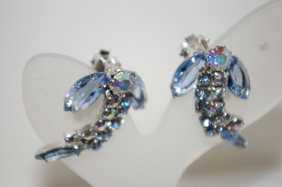 +MBA #6-1122   Vintage Silver Tone AB & Blue Rhinestone Clip Ons